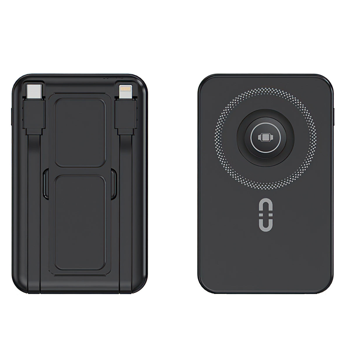 Black electronic device with a circular design on a white background
