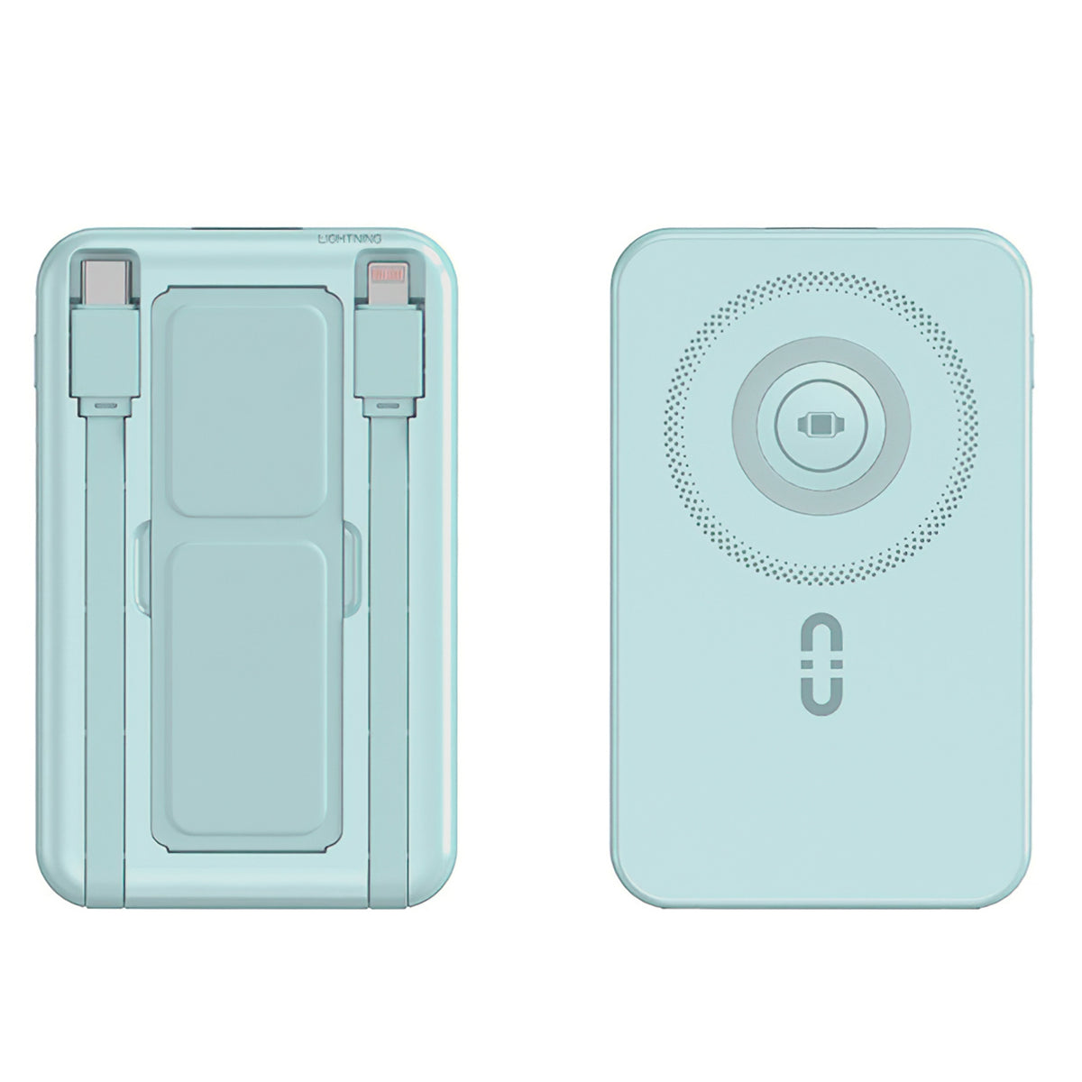 Light blue portable device with cable on a white background