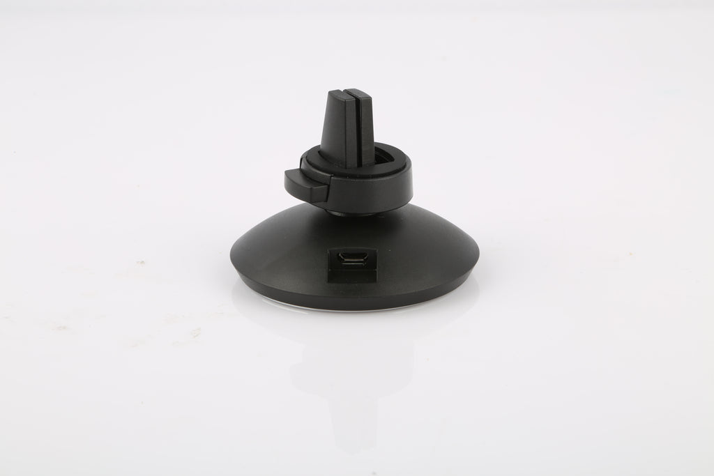 A black plastic car dashboard air vent mount with a suction cup base, shown on a plain white background.