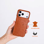 Hand holding a brown leather phone case with text indicating 'Full Grain Leather' and 'Light Design' on a white background.