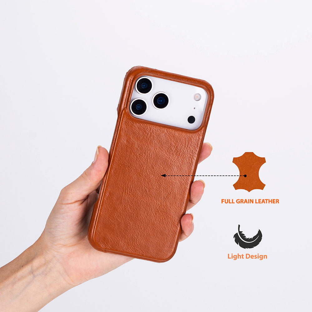 Hand holding a brown leather phone case with text indicating 'Full Grain Leather' and 'Light Design' on a white background.