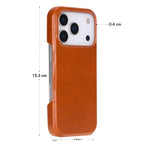 Brown phone case with measurements on a white background