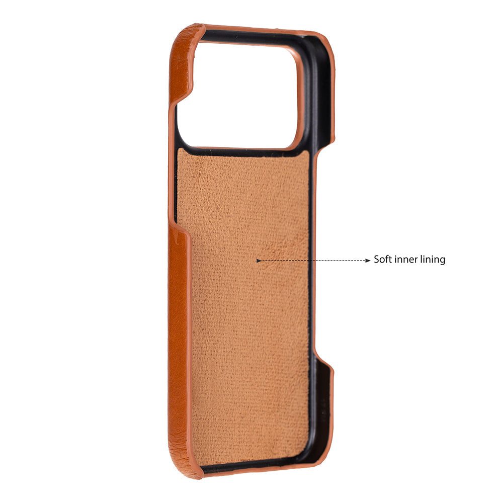 Brown phone case with soft inner lining on a white background