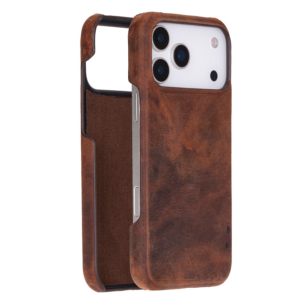 Brown leather phone case with a phone inside on a white background