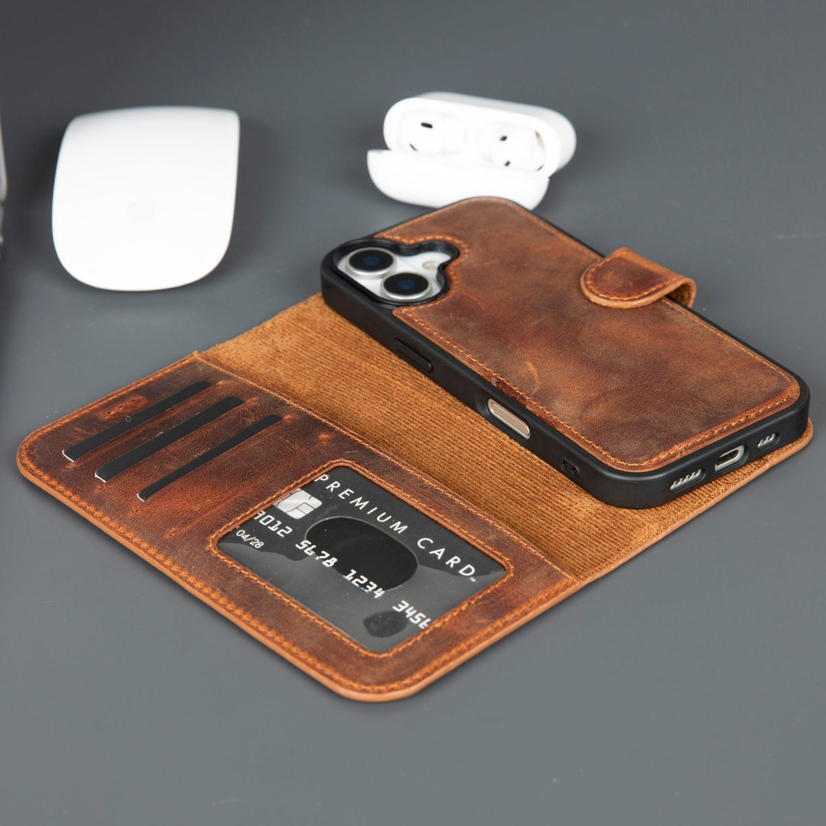 Brown leather wallet phone case opened to show its card slots
