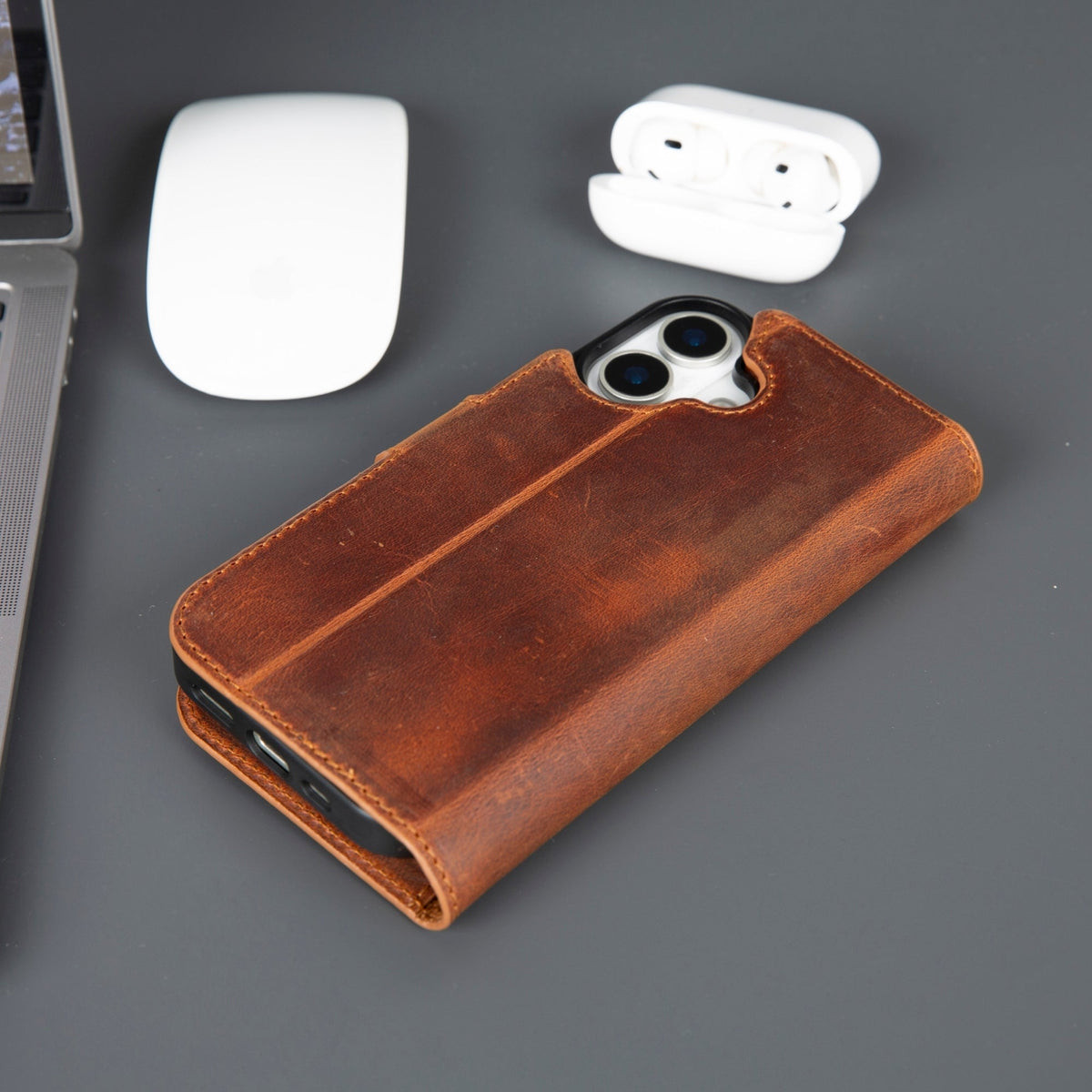 Brown leather wallet phone case, back view