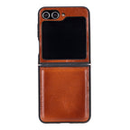 Brown leather phone case with a wallet section on a white background
