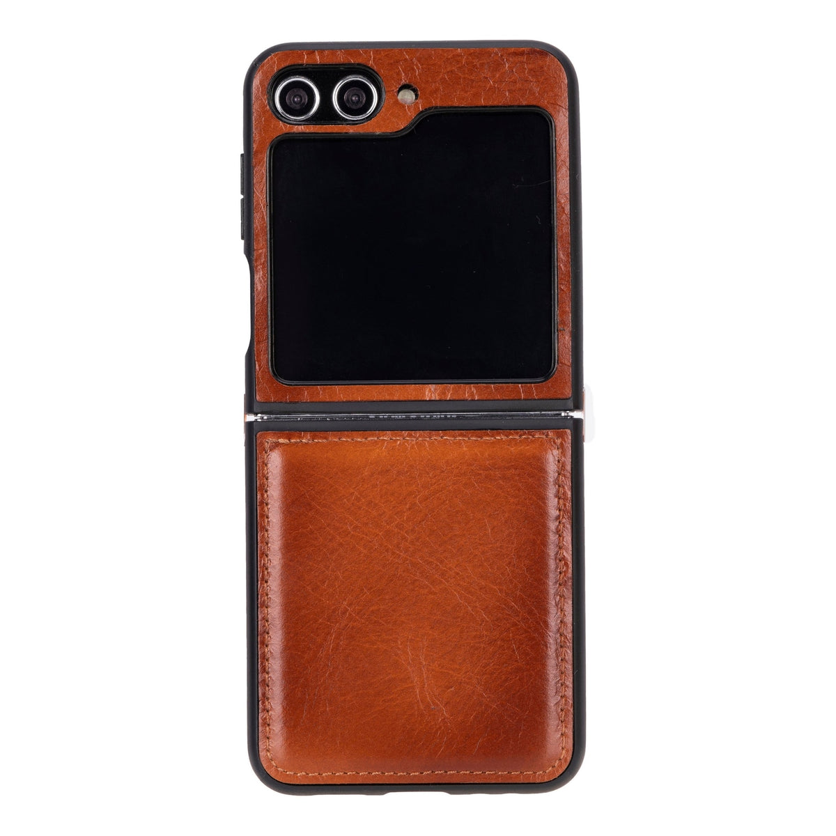 Brown leather phone case with a wallet section on a white background