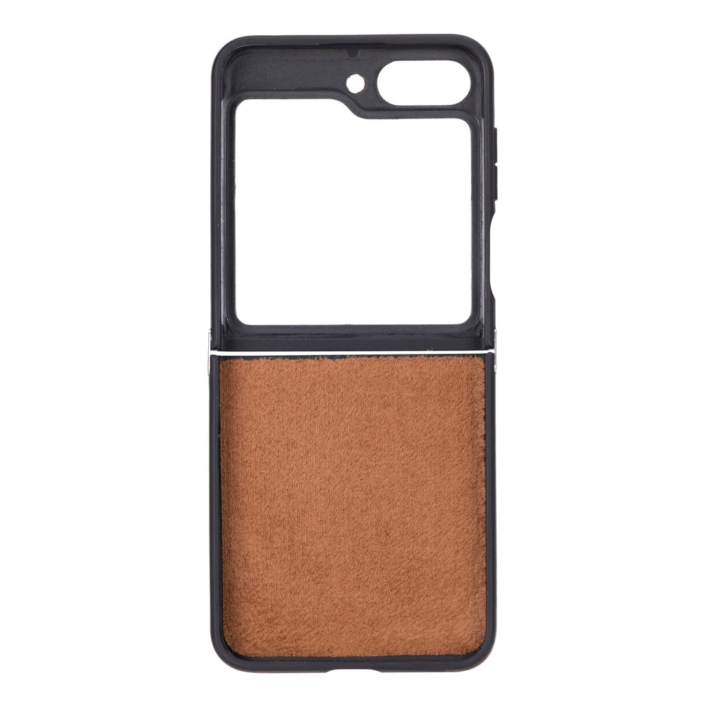 Phone case with brown fabric back and black frame on a white background