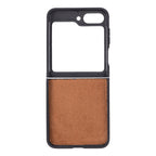 Phone case with brown fabric back and black frame on a white background