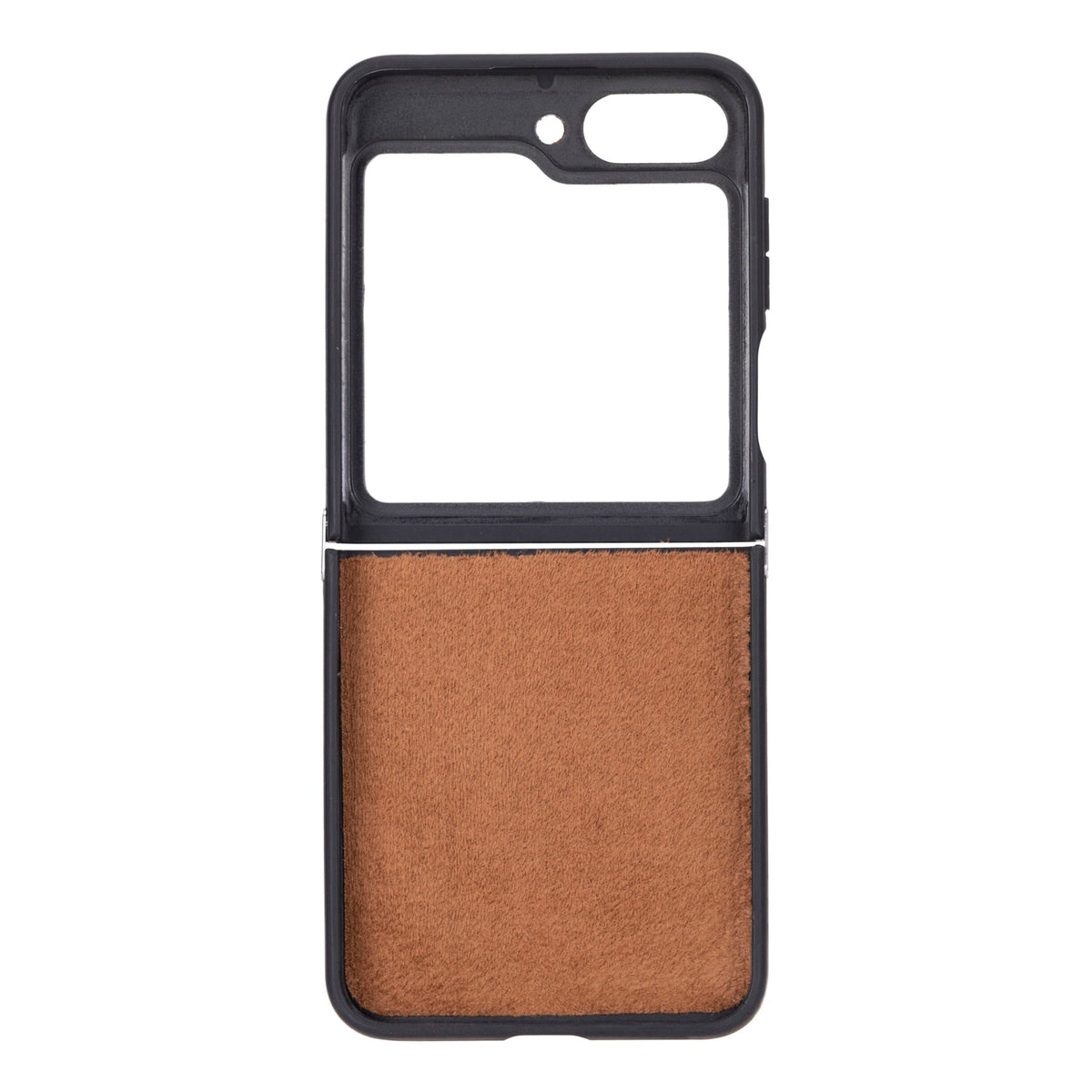 Phone case with brown fabric back and black frame on a white background