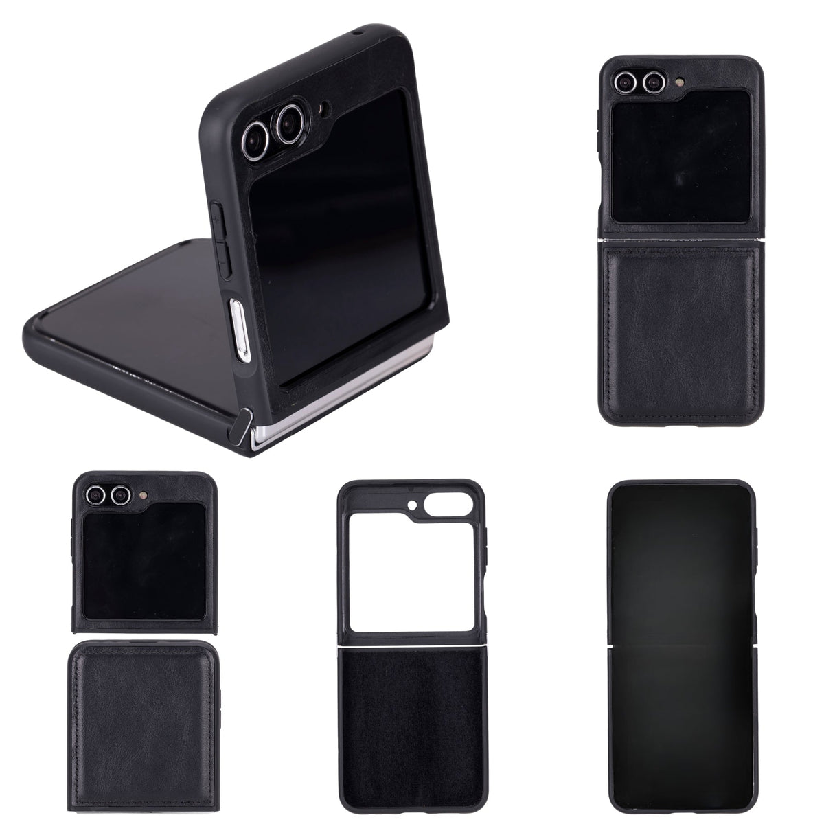 Black phone case with multiple views on a white background