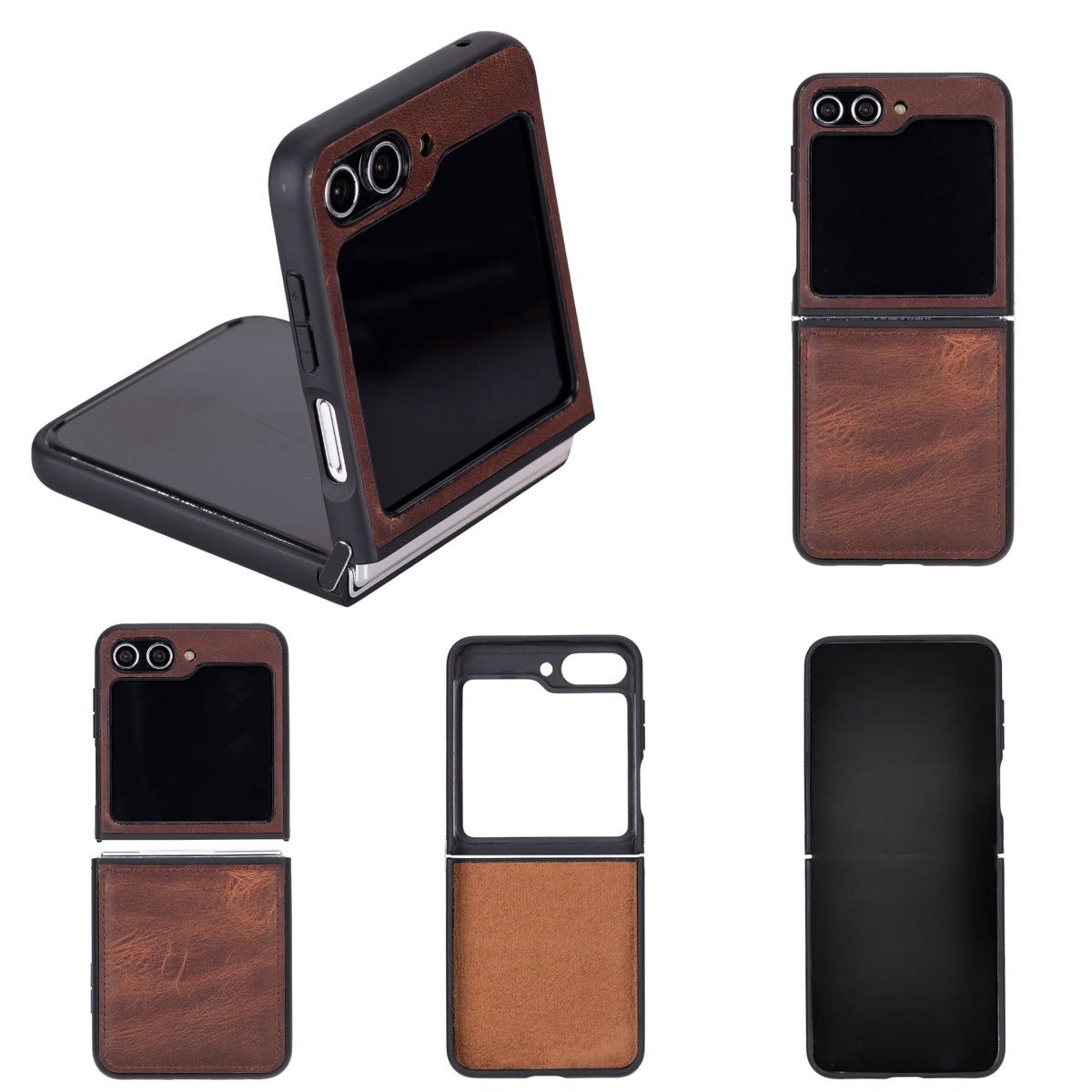 Brown and black phone case with multiple views on a white background