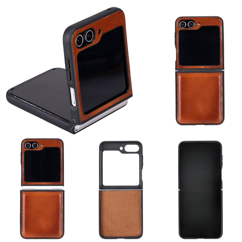 Collage of a phone case with brown leather and black plastic sections on a white background