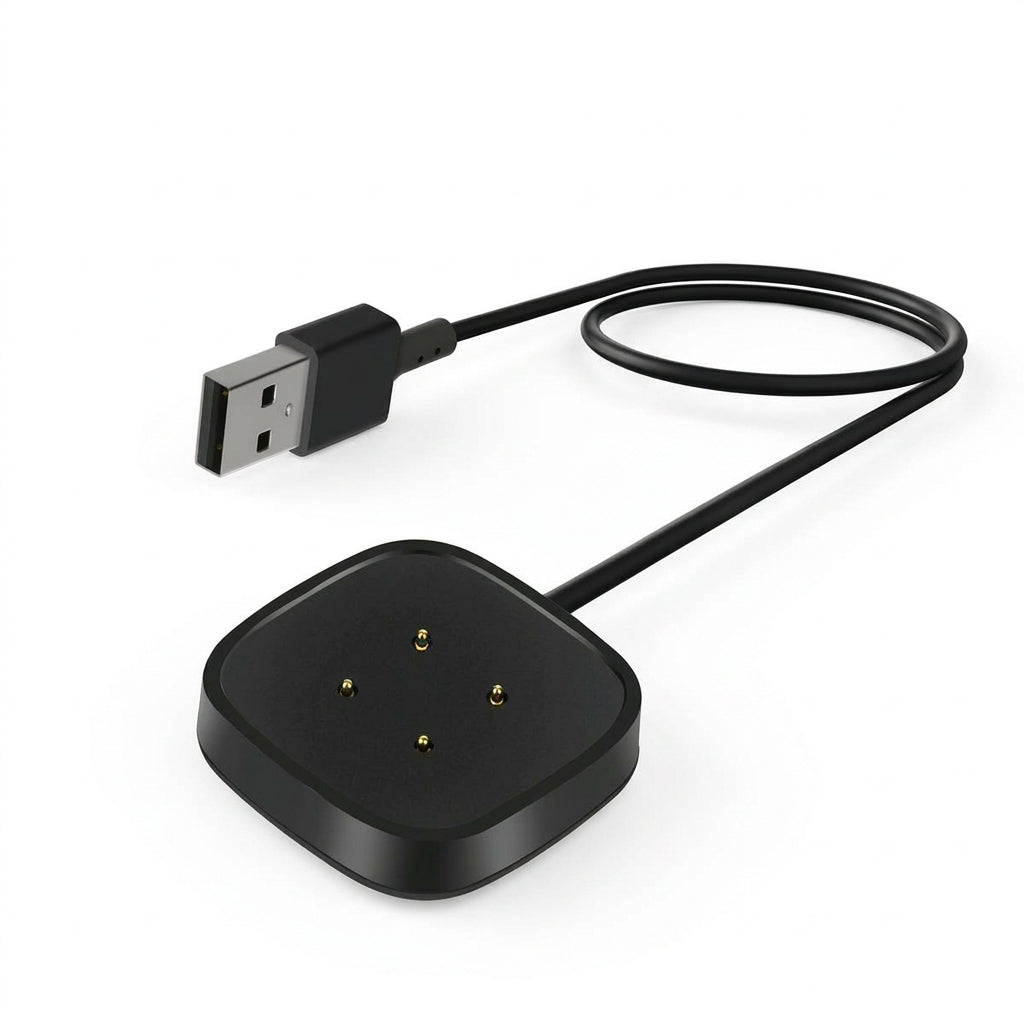 Black USB cable and square device with measurements on a white background